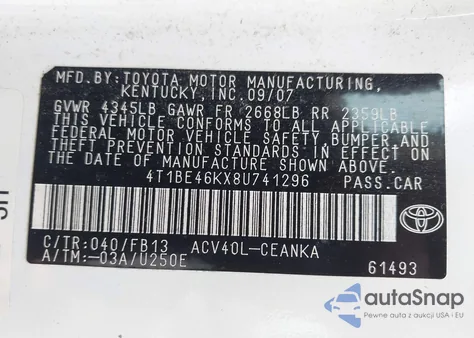 2008 Toyota Camry Ce/Le/Xle/Se z USA, uszkodzony, nr VIN 4T1BE46KX8U741296